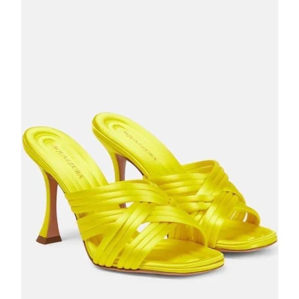 NWT Aquazurra Oahu 95 Satin Spool Heel Open Toe Sandals Fluo Yellow Size 39 $825